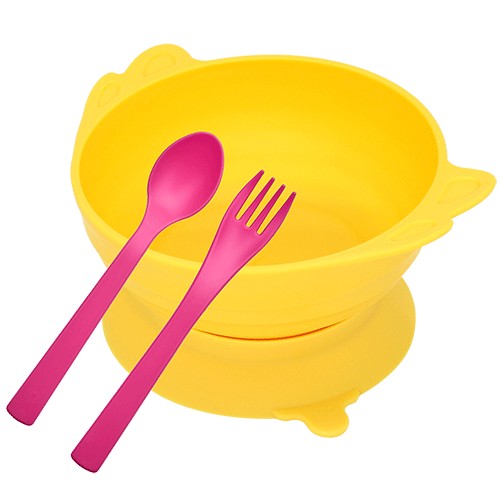 (Uinlui) Suction angel bowl set (Banana yellow - Kids spoon & fork set)