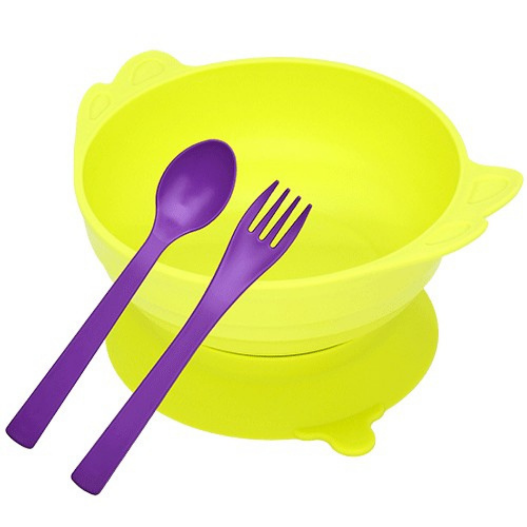 (Uinlui) Suction Angel Bowl Set (Kids spoon & fork set) - Lime Green