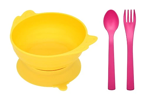 (Uinlui) Suction angel bowl set (Banana yellow - Kids spoon & fork set)