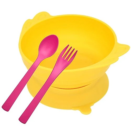 (Uinlui) Suction angel bowl set (Banana yellow - Kids spoon & fork set)