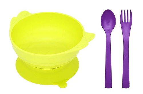 (Uinlui) Suction angel bowl set (Lime green-Kids spoon & fork set)