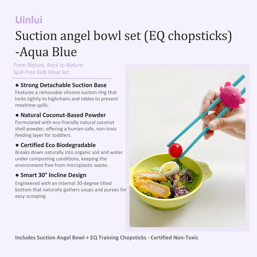 (Uinlui) Suction Angel Bowl Set (EQ chopsticks) -Aqua Blue