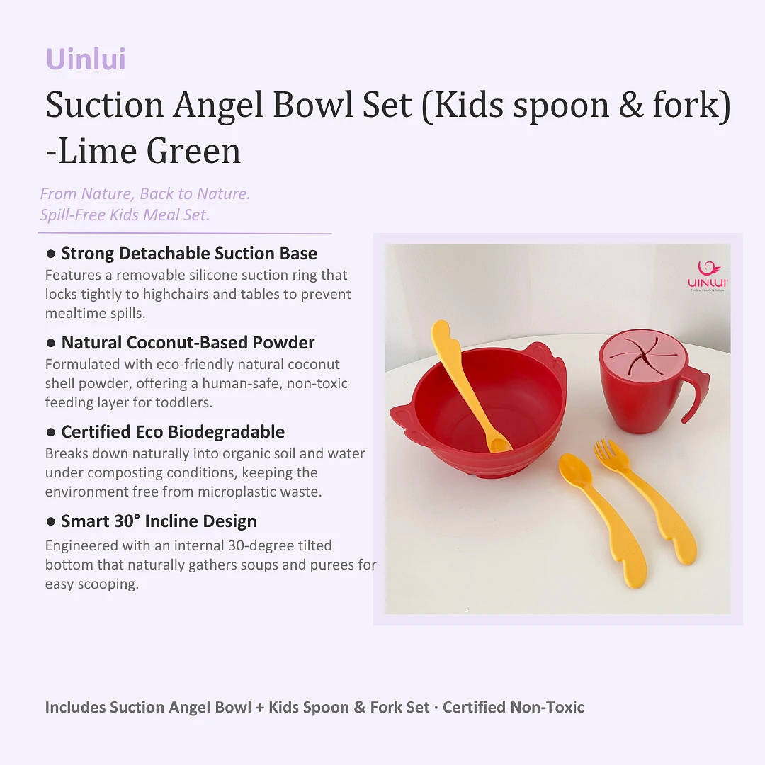 (Uinlui) Suction Angel Bowl Set (Kids spoon & fork set) - Lime Green